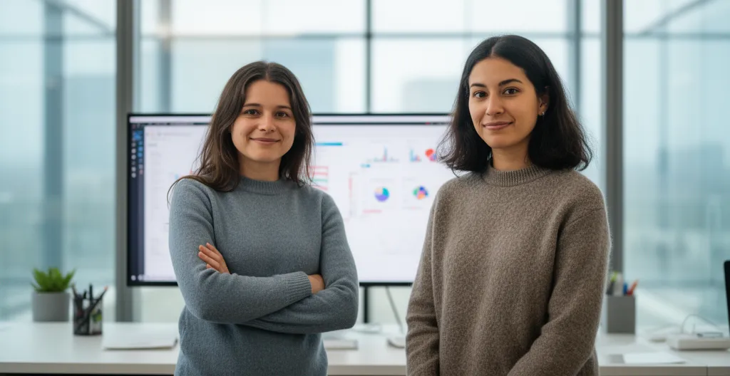 Deux personnes comparent des options sur écran avec graphiques