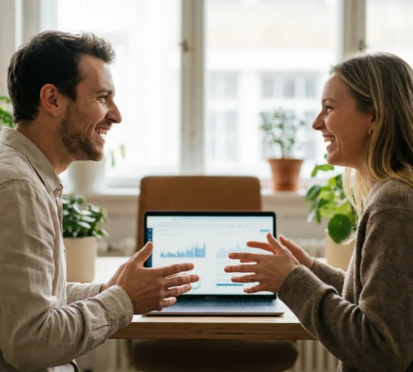 Deux professionnels discutent d'un tableau de bord comptable sur ordinateur