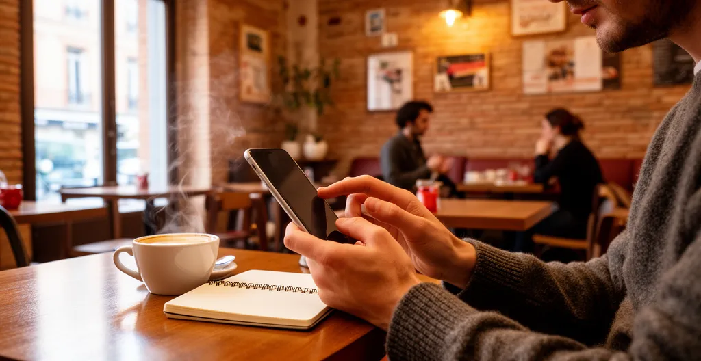 Personne vérifiant une inscription sur smartphone dans un café