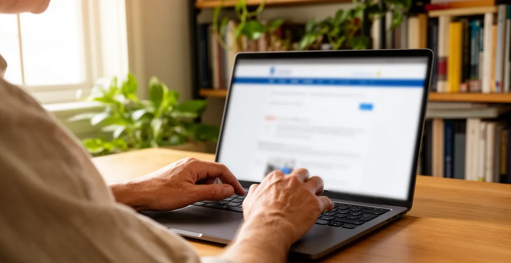 Dirigeant regardant un annuaire professionnel sur écran d'ordinateur