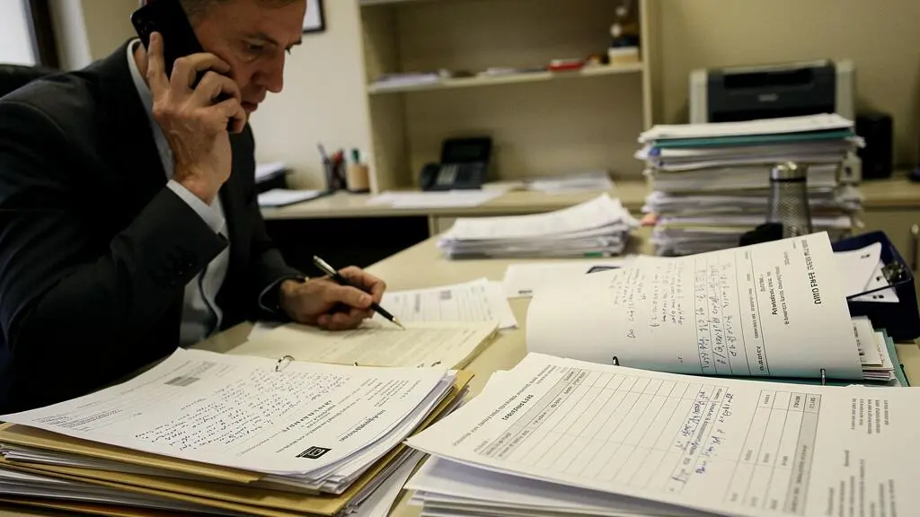 Comptable gérant manuellement des dossiers de factures impayées tout en effectuant une relance téléphonique