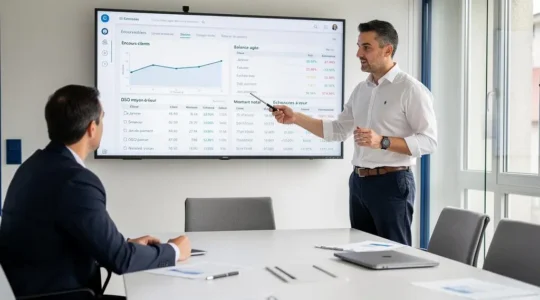 Responsable comptable analysant un tableau de bord de créances clients dans une salle de réunion d'entreprise