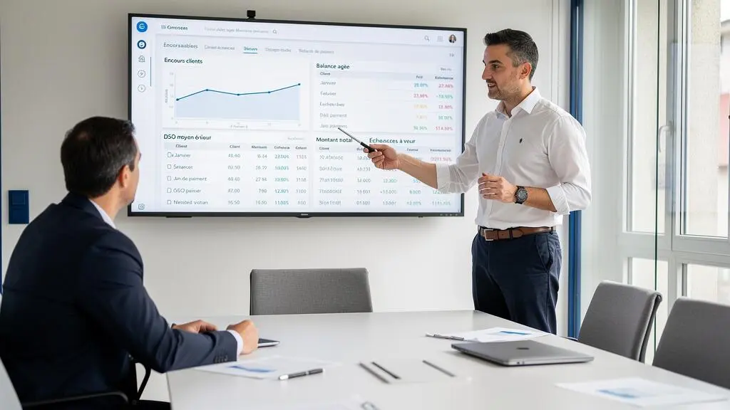 Responsable comptable analysant un tableau de bord de créances clients dans une salle de réunion d'entreprise
